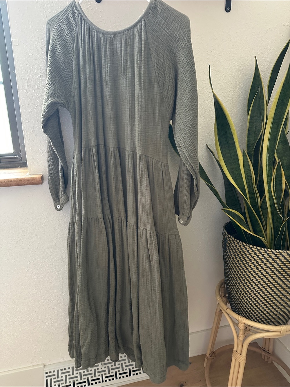 Olive Green Long Sleeve Tiered Maxi Dress